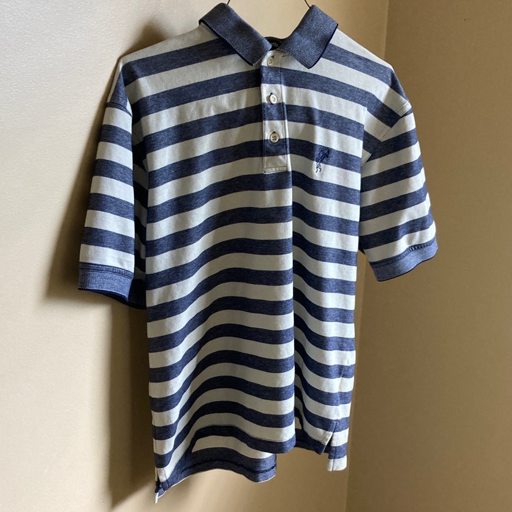 🎁FREE to bundle resort wear NWOT mens Striped  Polo Shirt cream navy prep M